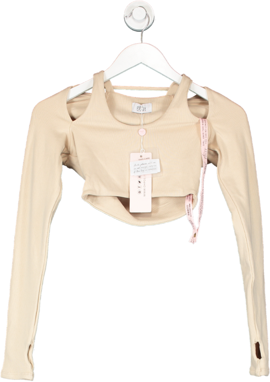 Oh Polly Nude Cut Out Ribbed Long Sleeve Crop Top UK 8