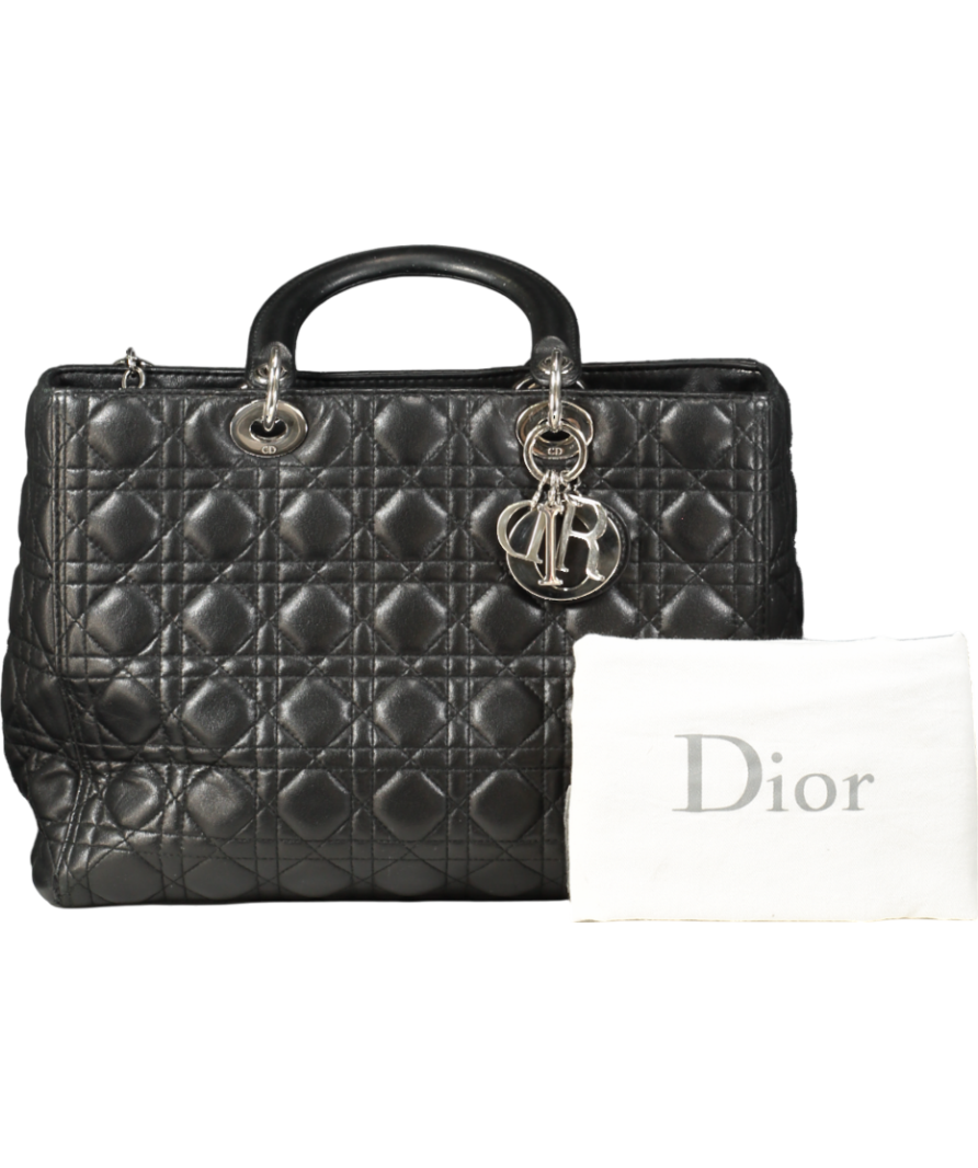 CHRISTIAN DIOR Black Lambskin Lady Dior Black Handbag  with Silver hardware