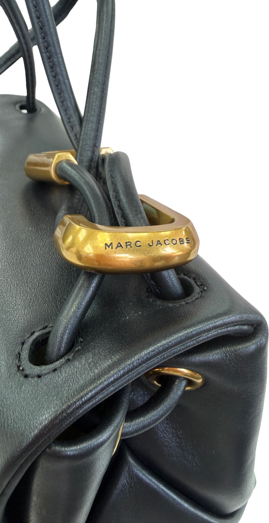 MARC JACOBS Black Leather / Antique Gold The Mini Dual Top Handle Bag
