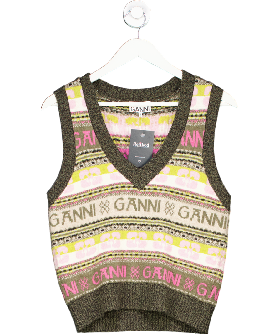 Ganni Multicoloured Fairisle Wool Logo Tank Top UK S
