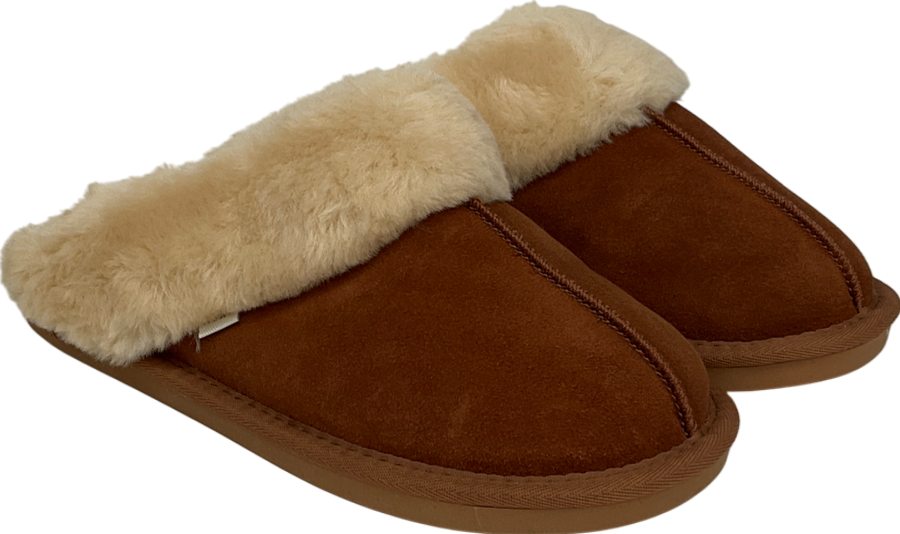 Next Chestnut Brown Suede Faux Fur Lined Mule Slippers UK 7 EU 40 👠