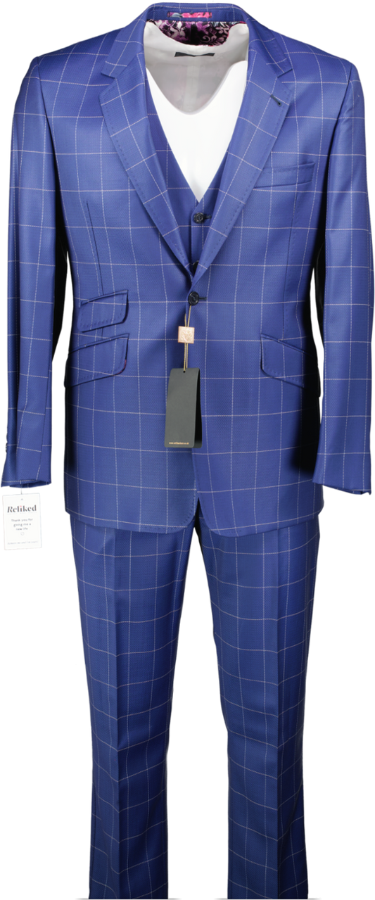 William Hunt Blue The Swift Three Piece Suit With Chalk Grey Windowpane Check UK 38" CHEST