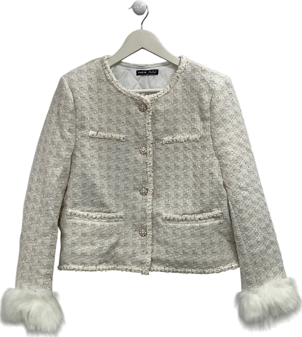 Shein Cream Tweed Jacket With Faux Fur Trimmed Sleeves UK S