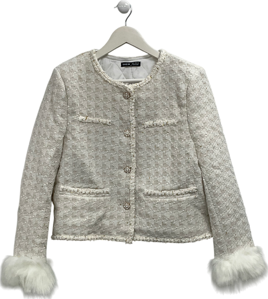 Shein Cream Tweed Jacket With Faux Fur Trimmed Sleeves UK S