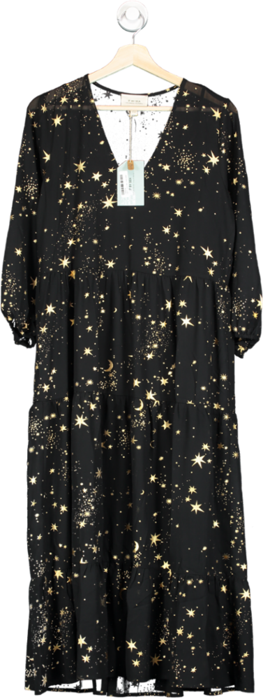 Silk Fred If By Sea Black Gold Star Print Maxi Dress UK S