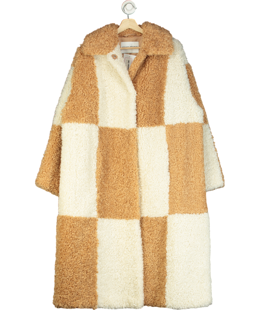 Stand Studio Beige Nicki Checked Faux Sherling Coat One Size