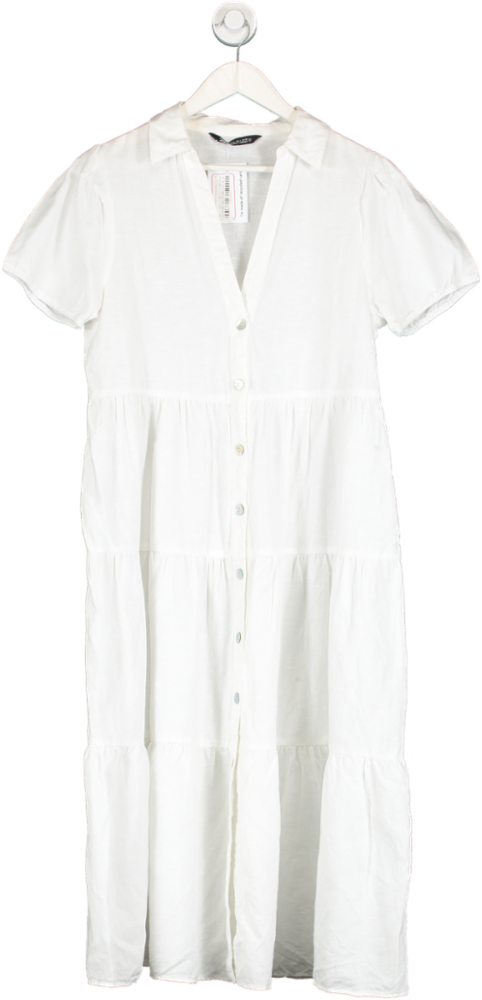 ZARA White Linen Blend Tiered Dress UK L