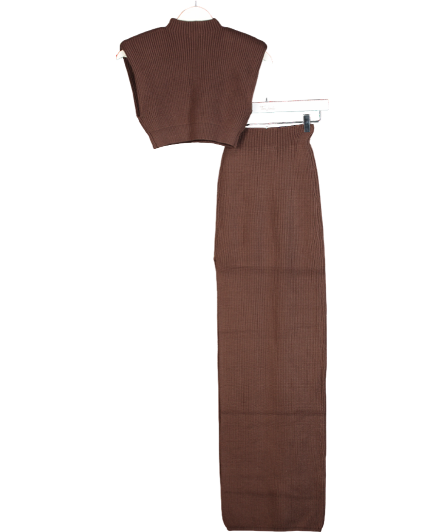 Naked Wardrobe Brown Knit Sweater High Slit Maxi Skirt UK S