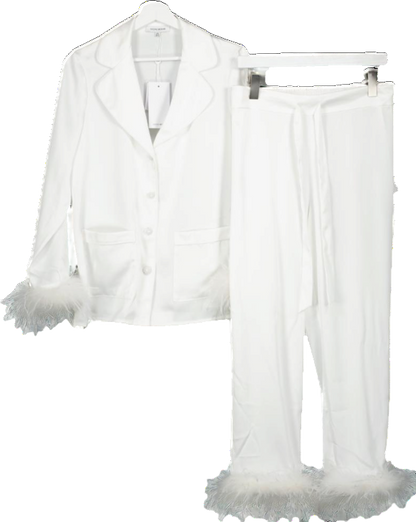 Nadine Merabi Darcie White Satin Embellished Pearl Button Satin Feather Trim Pyjamas UK S