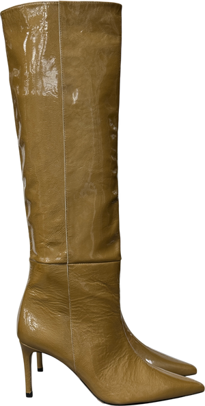 Custommade Beige Patent Leather Kitten Heel Knee Length Boots UK 6 EU 39