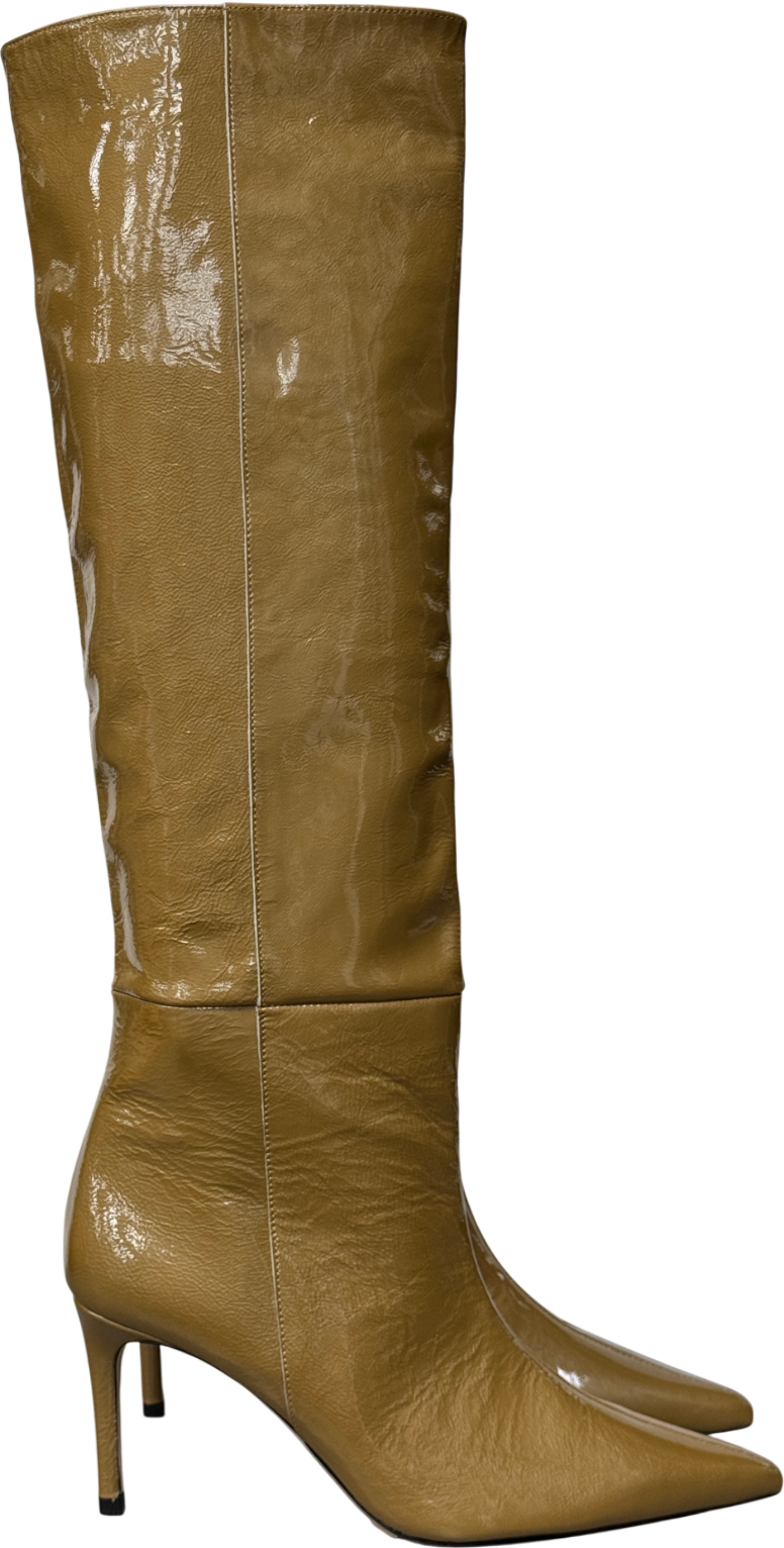 Custommade Beige Patent Leather Kitten Heel Knee Length Boots UK 6 EU 39 👠