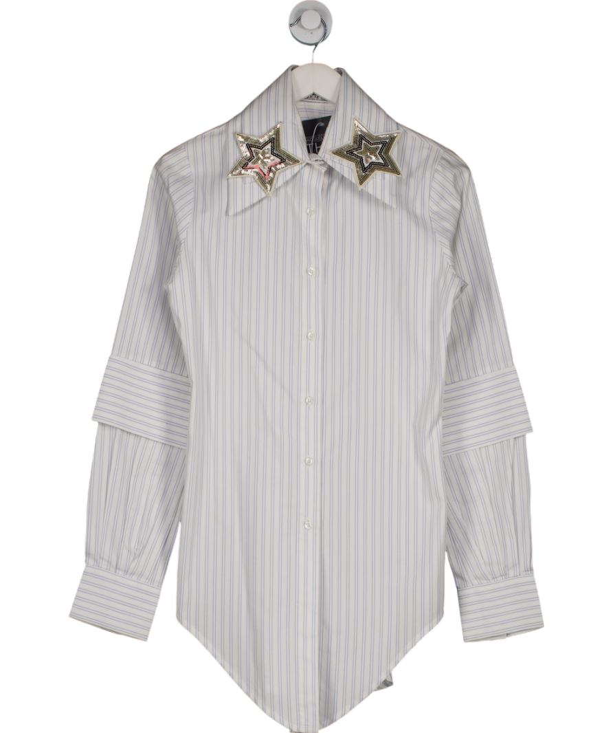 Jacqueline Then White Star Sequin Collar Long Striped Shirt Dress UK S
