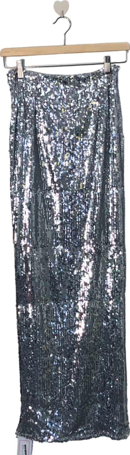 Fashion Nova Silver Sequin Ruched Midi Skirt XS