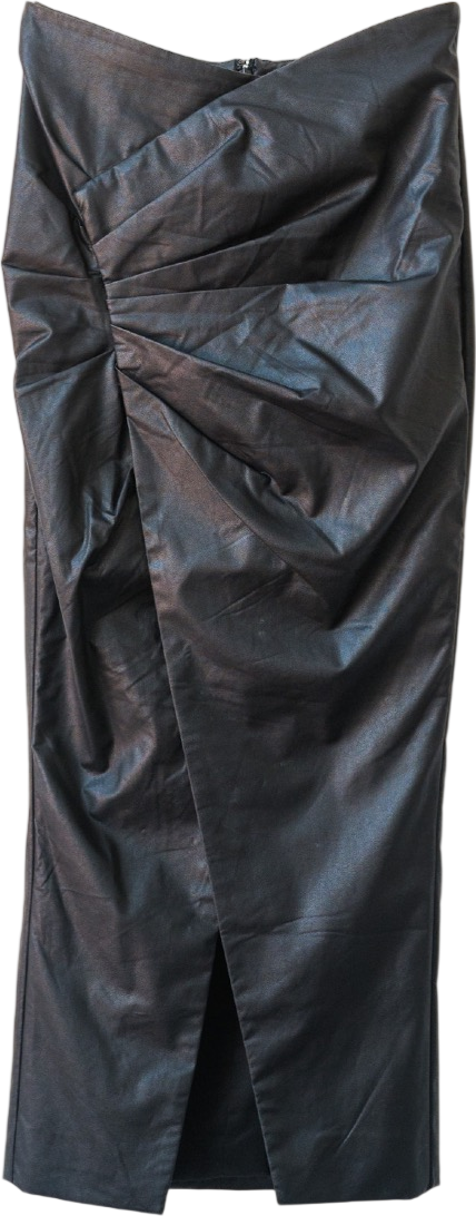 House of CB Black Vegan Leather Ruched Front Midi Skirt UK S