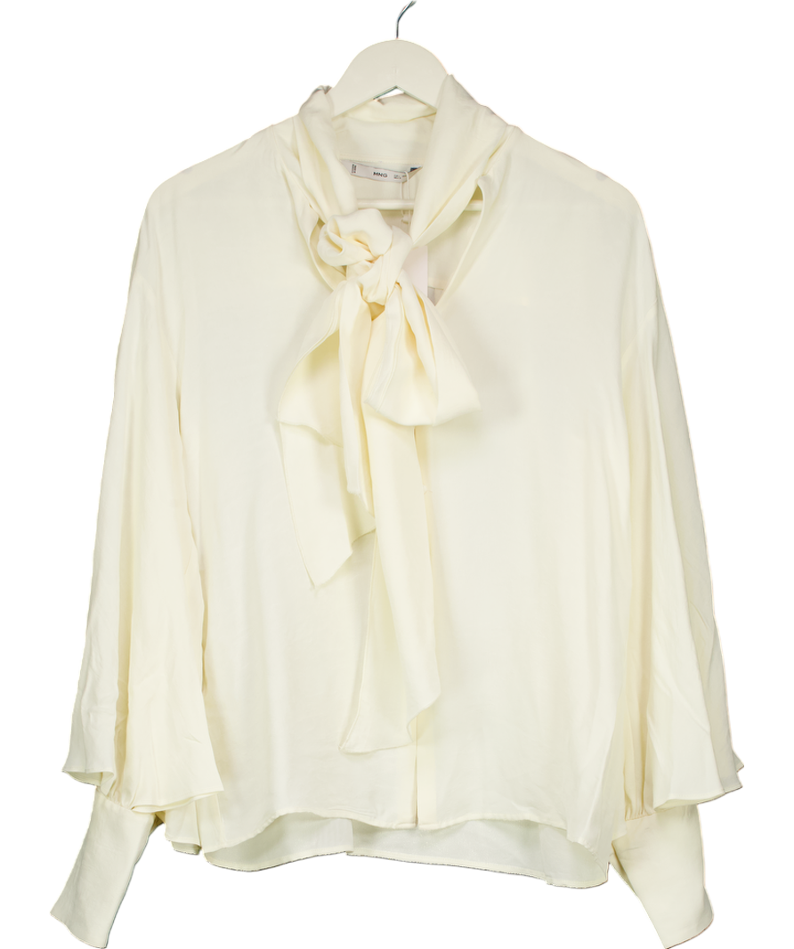 MANGO Cream Bow Neck Button Cuff Blouse UK L