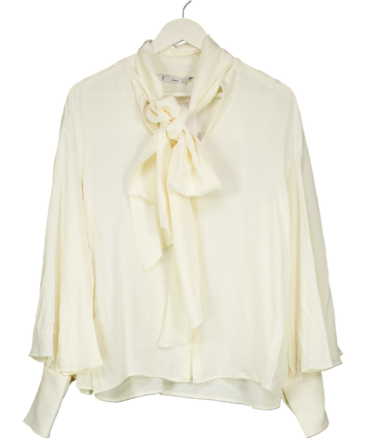 MANGO Cream Bow Neck Button Cuff Blouse UK L