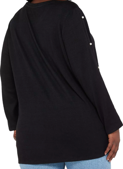 V by Very Curve Crew Neck Pearl embellished Sleeve Detail Top - Black UK 26