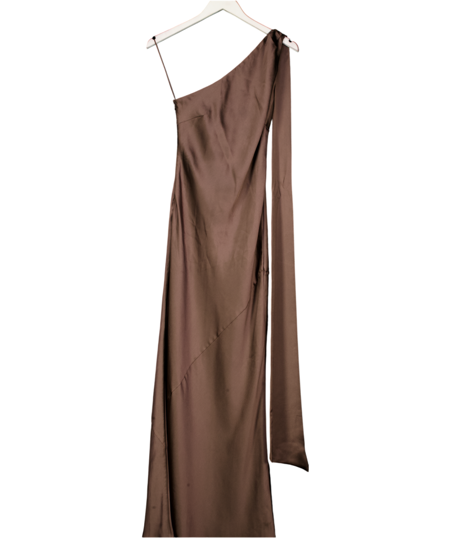 PRETTY LAVISH Chocolate Brown Sheree One Shoulder Sash Premium Satin Maxi Dress UK 8