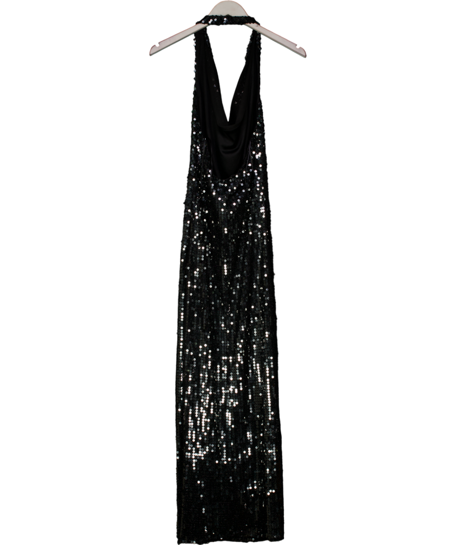 LIPSY Black Gunmetal Sequin Cowl Halter Neck Midi Dress UK 10