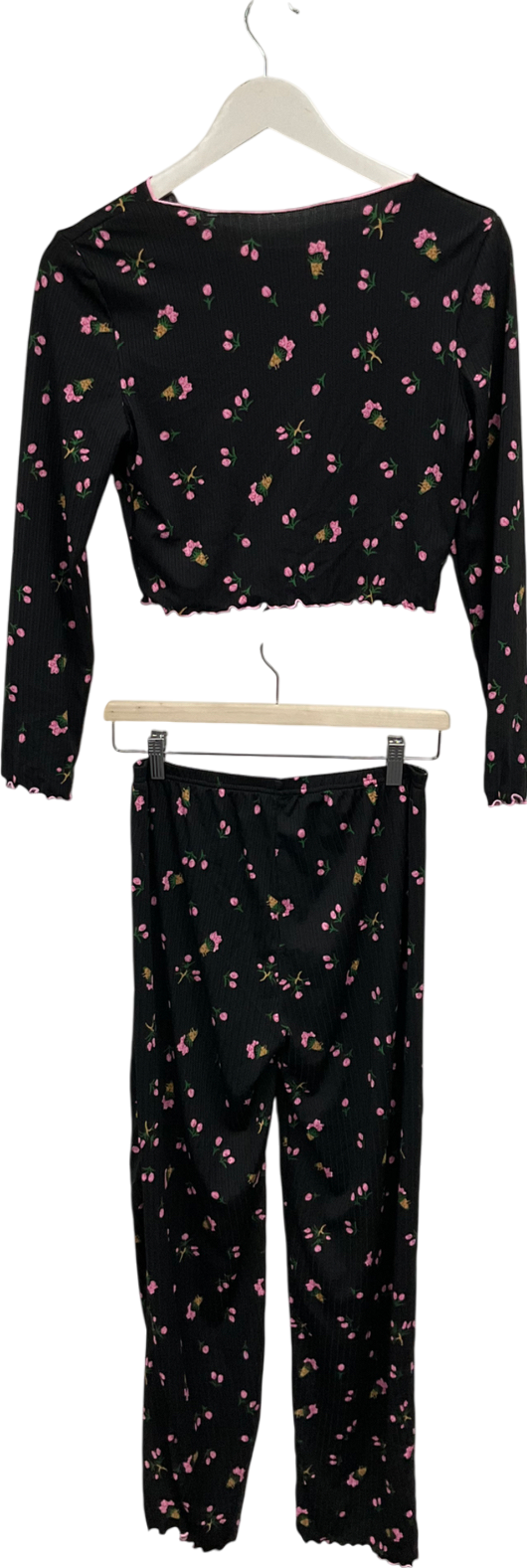 Black Rose Print Pyjama Set UK M