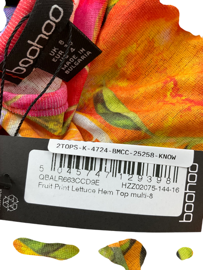 PrettyLittleThing Multicoloured Fruit Print Lettuce Hem Top UK 8