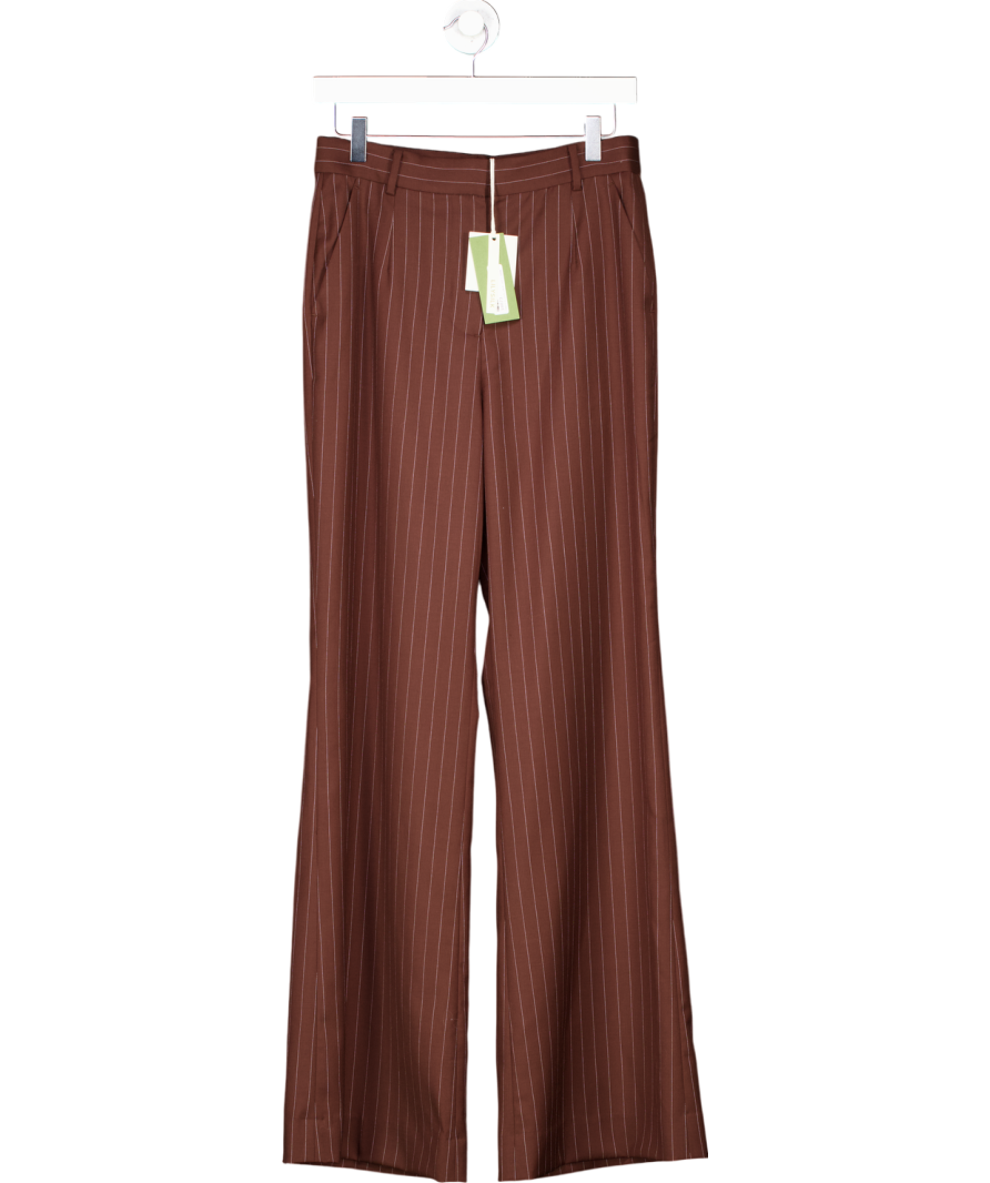Lily Silk Brown Pinstriped Wool/Silk Blend High-rise Straight Pants UK 8