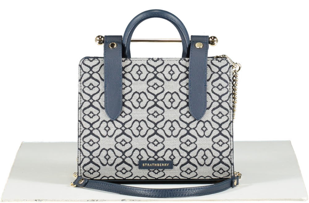 Strathberry Blue Nano Monogram Tote in Box