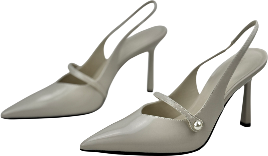 CHARLES & KEITH Cream Helena Pearl-buckle Pointed-toe Slingback Pumps UK 3 EU 36 👠