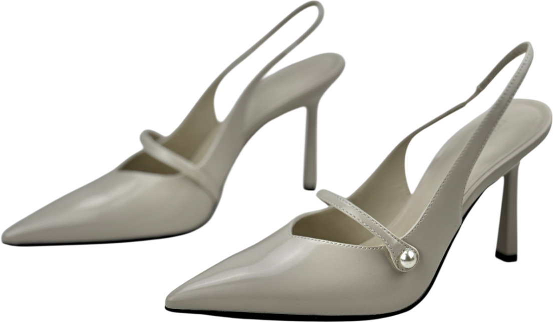 CHARLES & KEITH Cream Helena Pearl-buckle Pointed-toe Slingback Pumps UK 3 EU 36 👠