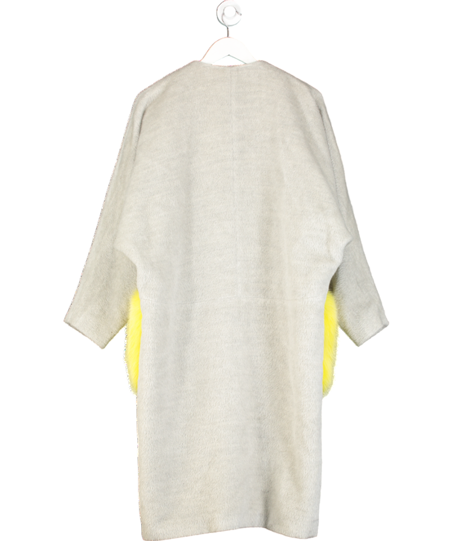 NARCISS Narciss Grey Super Soft Alpaca Coat With Bright Yellow Fur Pockets UK XS