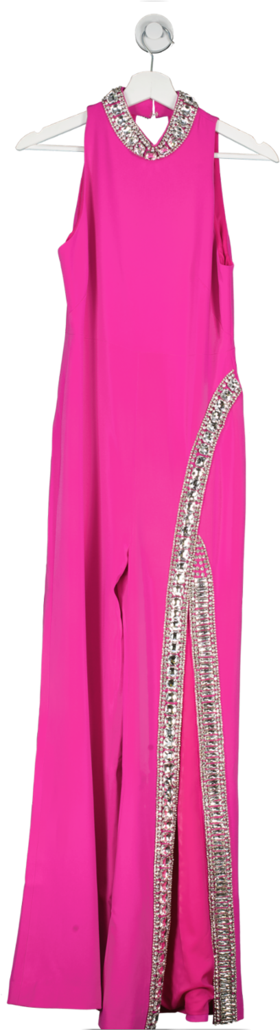 Karen Millen Pink Crystal Embellished Woven Thigh Split Jumpsuit UK 8