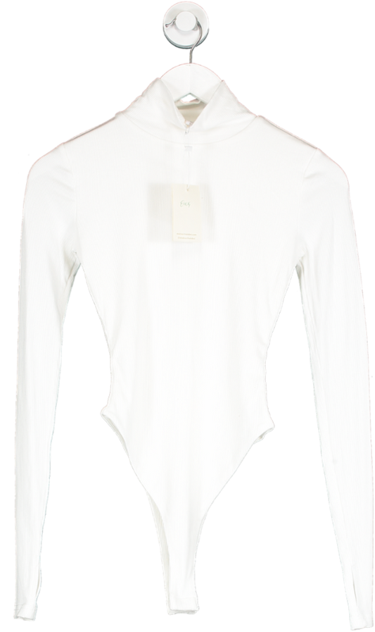Skaines White Zari Ribbed Long Sleeve Bodysuit With Thumb Holes UK XS