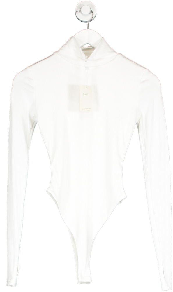 Skaines White Zari Ribbed Long Sleeve Bodysuit With Thumb Holes UK XS