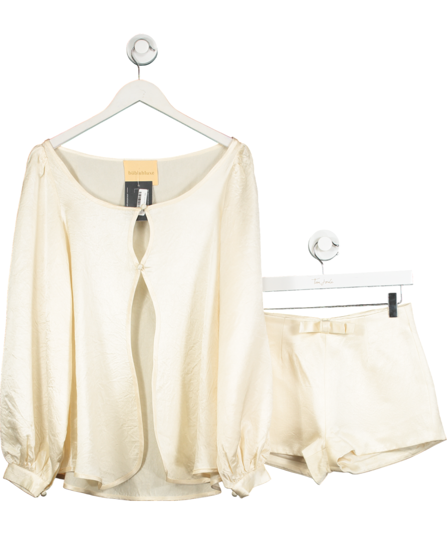 BubishLuxe Cream 2-piece Satin Penelope Bow Shorts And Blouse Set UK XS