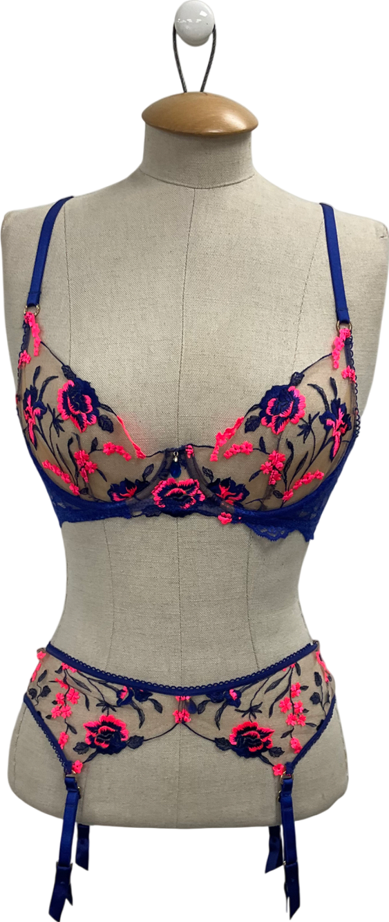 Honey Birdette Blue Whitney Bra And Suspender Belt UK 32D