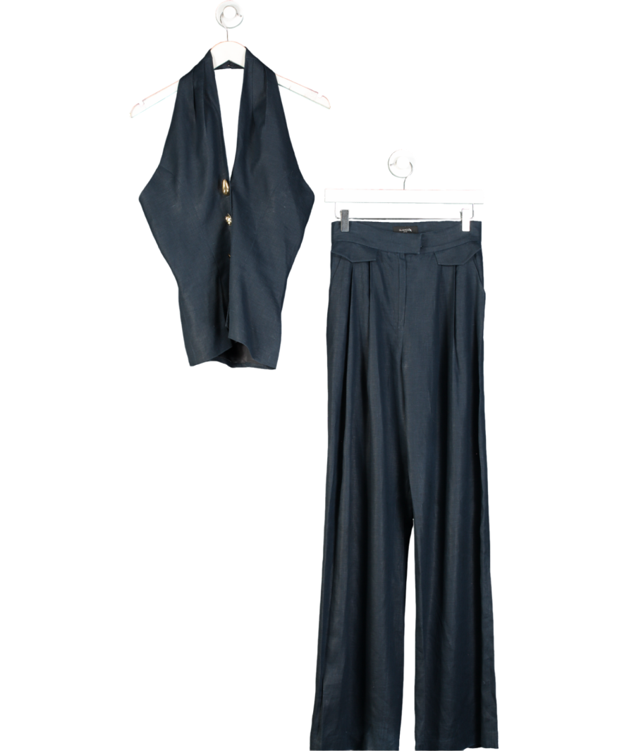 Glamoda Blue Linen Waistcoat And Wide Leg Trousers Set UK 8