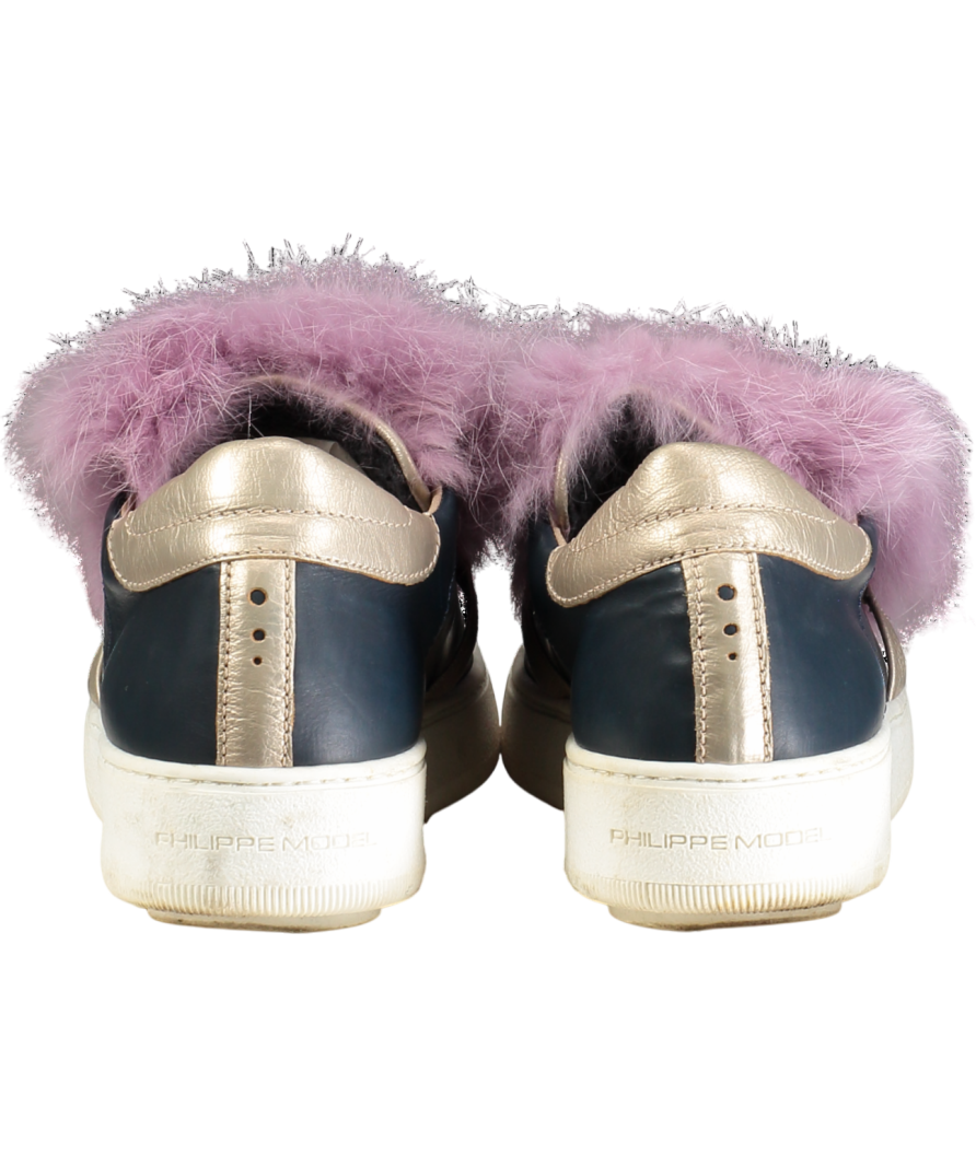 PHILIPPE MODEL Navy/ Purple Fur Trim Leather Trainers UK 5 EU 38 👠