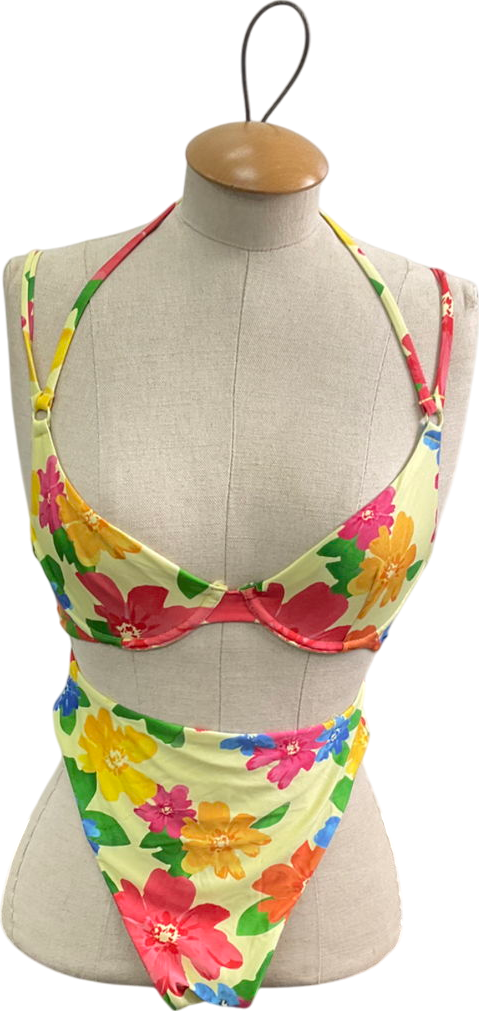ASOS Yellow Floral Print Bikini Set And Matching Mesh Cover Up Skirt UK 6