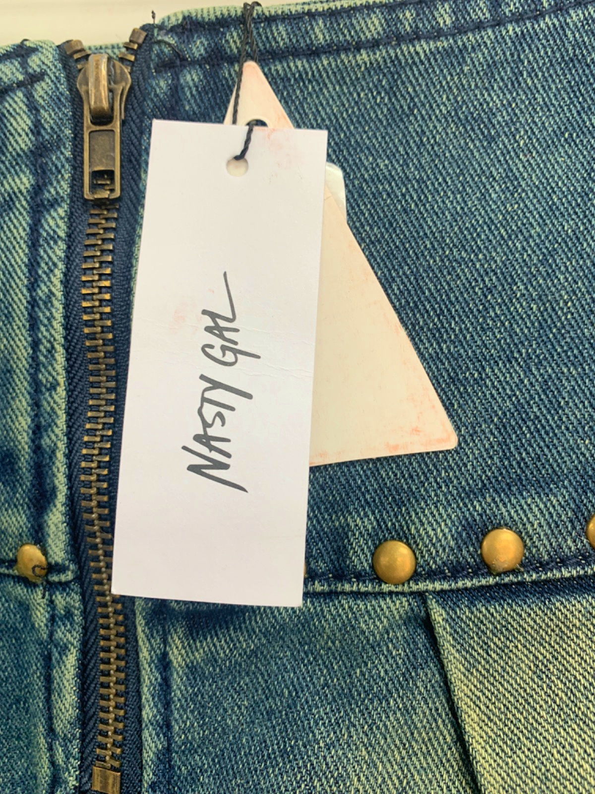 Nasty Gal Acid Wash Dark Blue Denim Pleated Buckle Mini Skirt UK 10