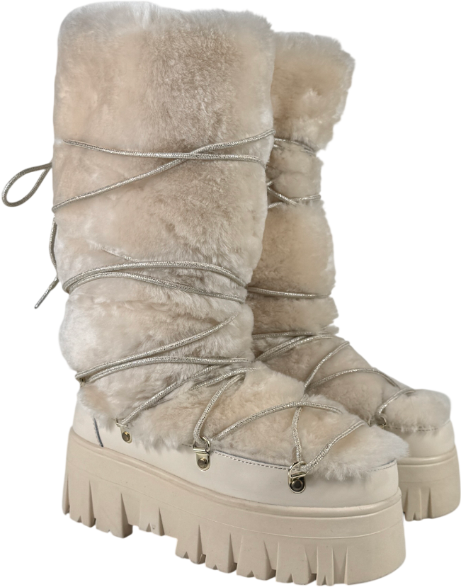MY SUNDAY SKI Lug Tread Shearling Snow Boots - Tall Cream UK 6 EU 39 👠