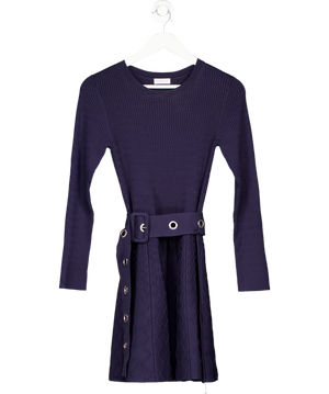 Claudie Pierlot Maud Navy Blue Textured Knit Belted Fit And Flare Dress T2 UK 10