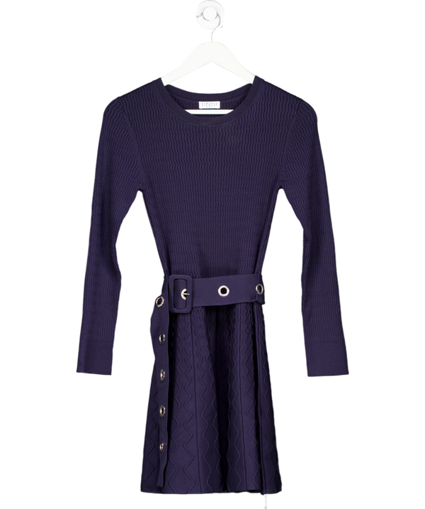 Claudie Pierlot Maud Navy Blue Textured Knit Belted Fit And Flare Dress T2 UK 10