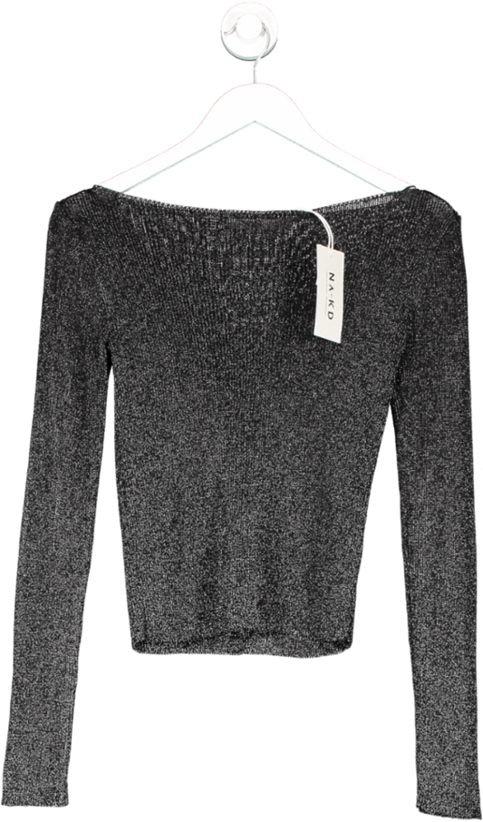 NA-KD Black Boat Neck Knitted Metallic Sweater UK XXS