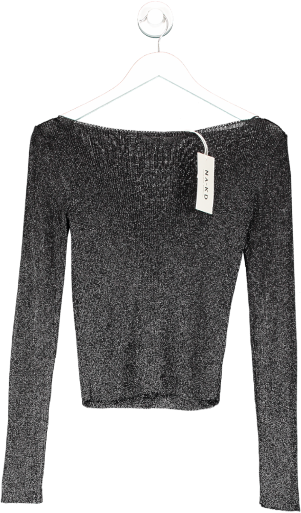 NA-KD Black Boat Neck Knitted Metallic Sweater UK XXS