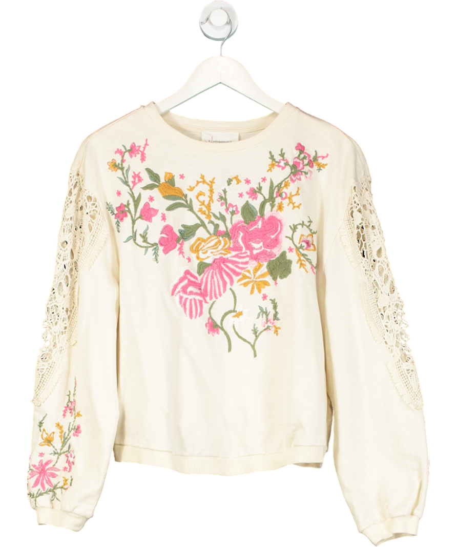 by Anthropologie Cream Oversize Floral Embroidered Lace Panel Sleeve Top UK S