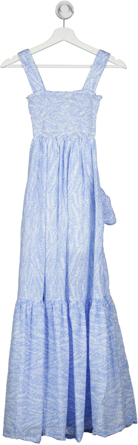 Heidi Klein Blue Cape Verde Smocked Feather Print Cotton Maxi Dress UK S
