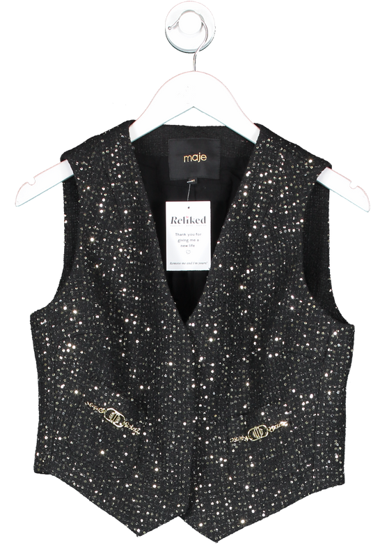 Maje Black Sequin Embellished Waist Coat UK 10