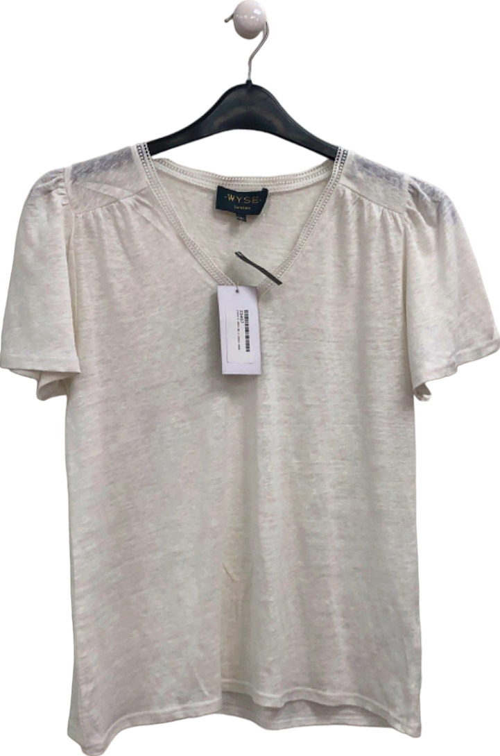 WYSE White V-Neck Lily Linen Tee Lace Trim - White UK 8