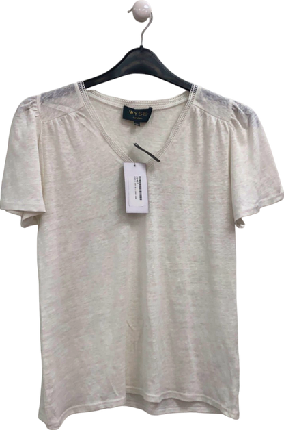 WYSE White V-Neck Lily Linen Tee Lace Trim - White UK 8