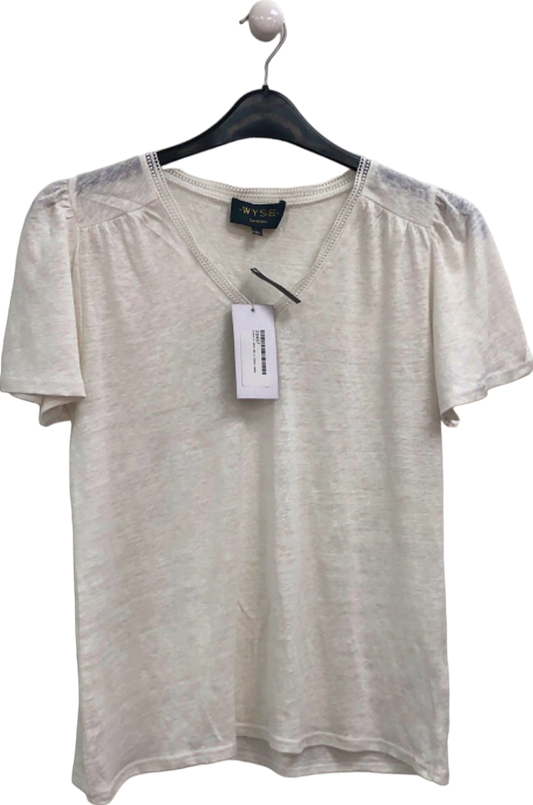 WYSE White V-Neck Lily Linen Tee Lace Trim - White UK 8